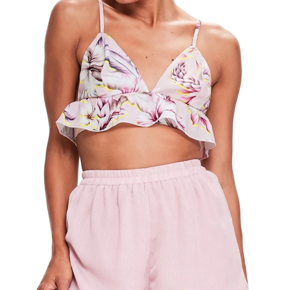 NWT Missguided tropical print frill hem baby pink crop top.  Size 6